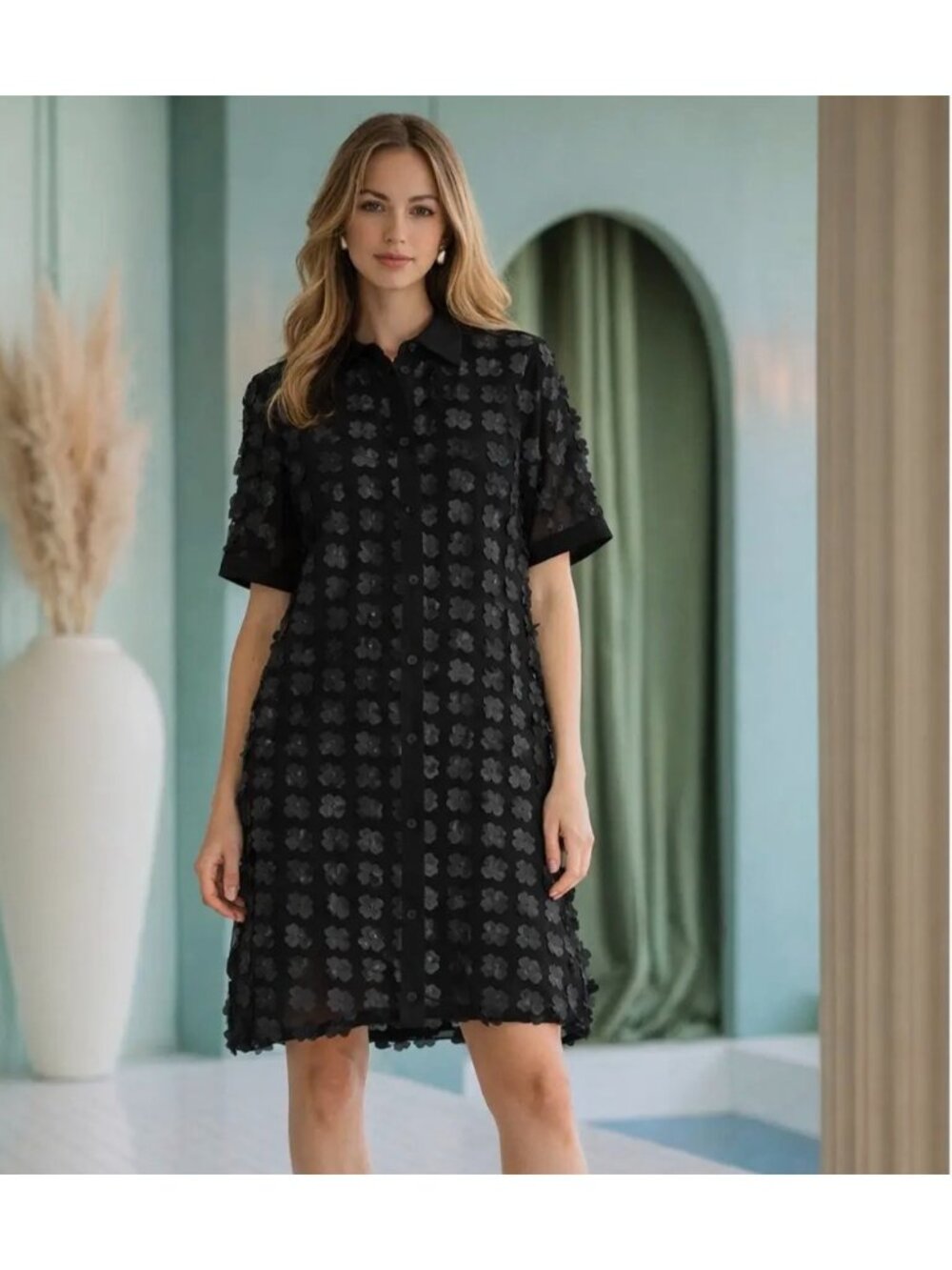 Joh Black Short-Sleeve Applica Floral Tunic Dress Feminine Modest Flowey Women M